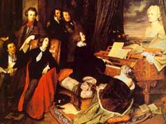 Liszt at piano with Dumas, Hugo, Sand, Paganini and Rossini